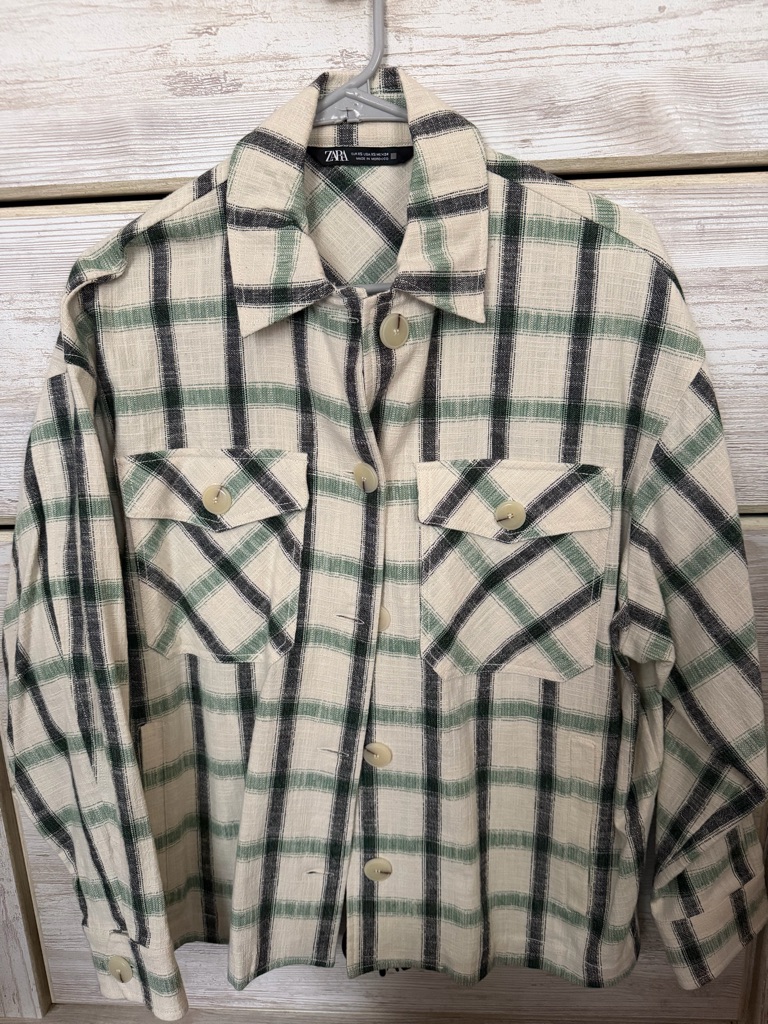 Zara Cream, Green And Black Plaid Button-Up